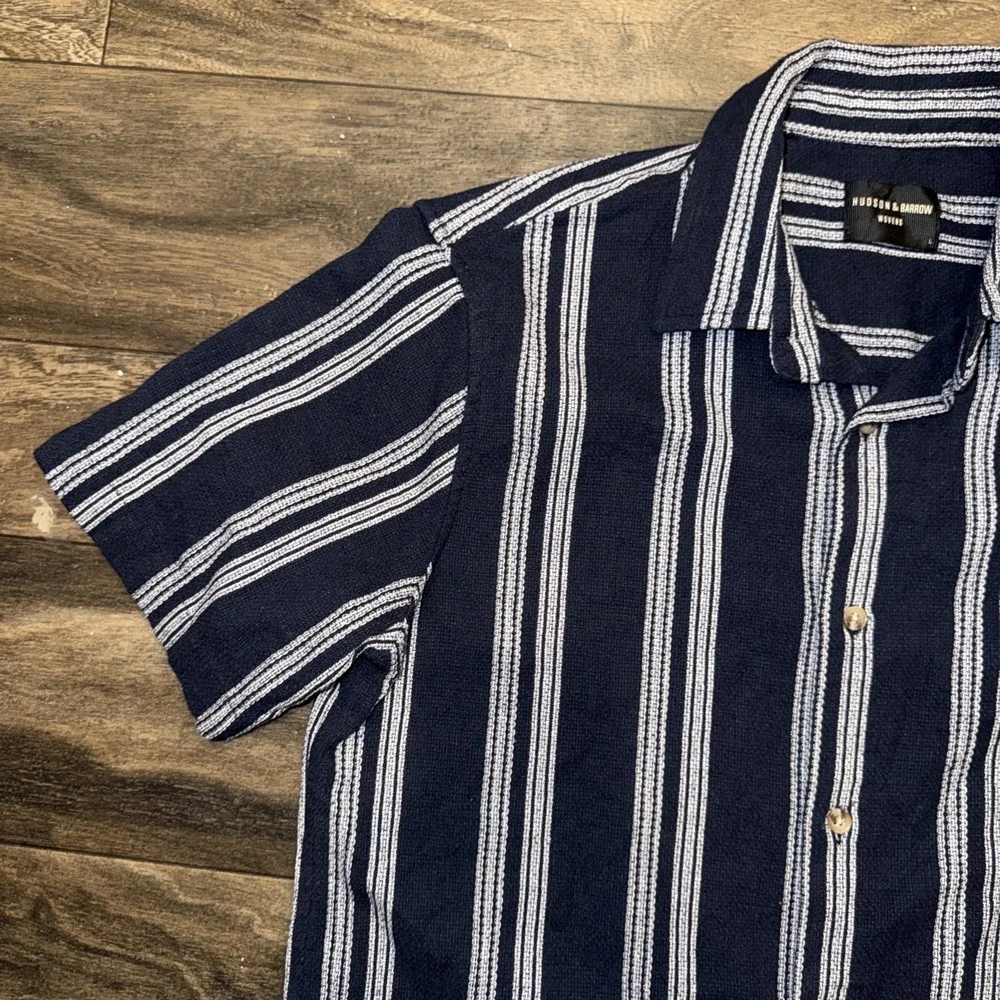 Hudson & Barrow Woven Button-Down Shirt Short Sleeve Men's Size L Navy Striped